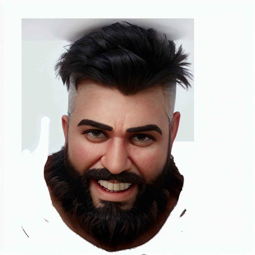 man's face with big beard, but realistic, inspired by Pixar animation, up close. The character is the center of attention with captivating facial expressions, offering a touch of unreality.