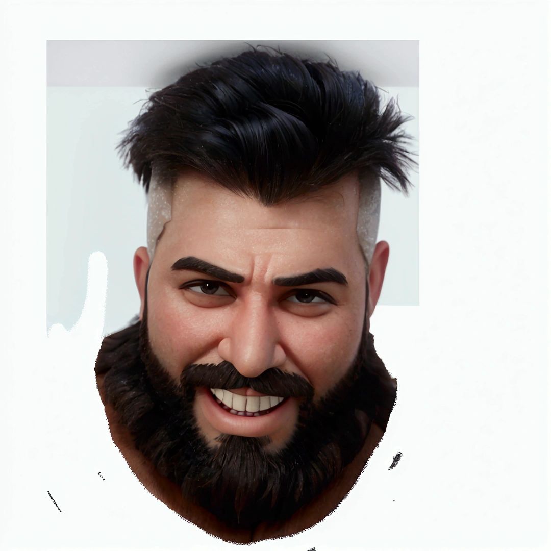 man's face with big beard, but realistic, inspired by Pixar animation, up close. The character is the center of attention with captivating facial expressions, offering a touch of unreality.