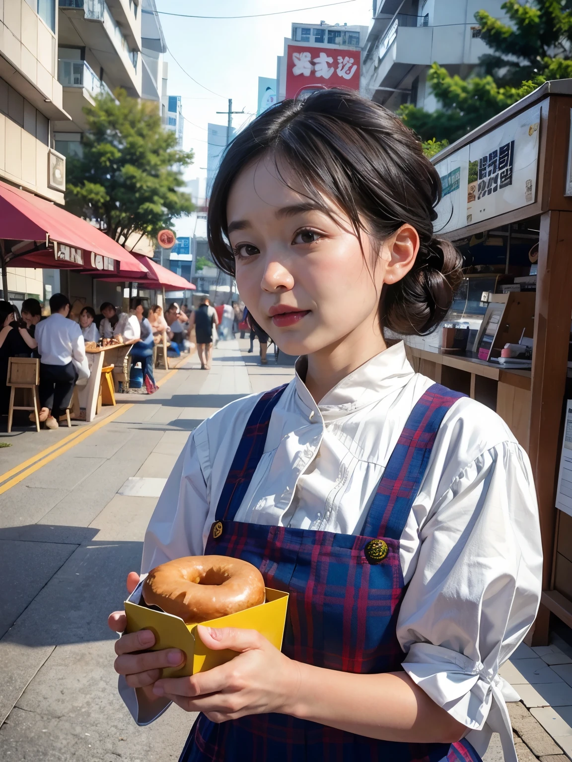A young Asian woman eating a donut, close-up portrait, street food scene, double bun hairstyle, white puffy sleeve blouse, plaid overall dress, shallow depth of field, soft natural lighting, urban background with bokeh, nostalgic color grading, 85mm lens, high detail, photorealistic
