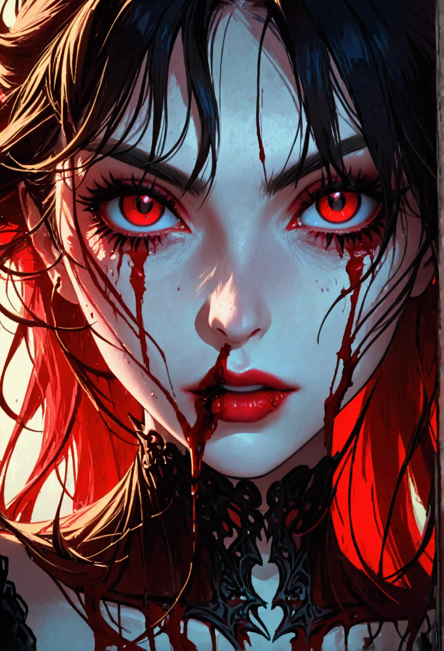 portrait of vampire with a bloody tear coming down from he eye, an exotic beautiful female vampire, dynamic hair color, dynamic hair style, ultra detailed face, best detailed face, dynamic eye color, ((1single red tear made of blood coming down from the)), Ultra-high resolution, High Contrast, (masterpiece:1.5), highest quality, Best aesthetics), 16K fantasy art, best details, best quality, highres, (ultra wide angle: 1.2), 16k, [ultra detailed], masterpiece, best quality, (extremely detailed), ladyshadow,