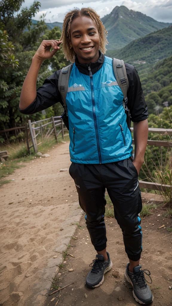 blond hair black papuan man, an inflated body, blue eyes, wearing hiking suit, going up to the mountain, smile