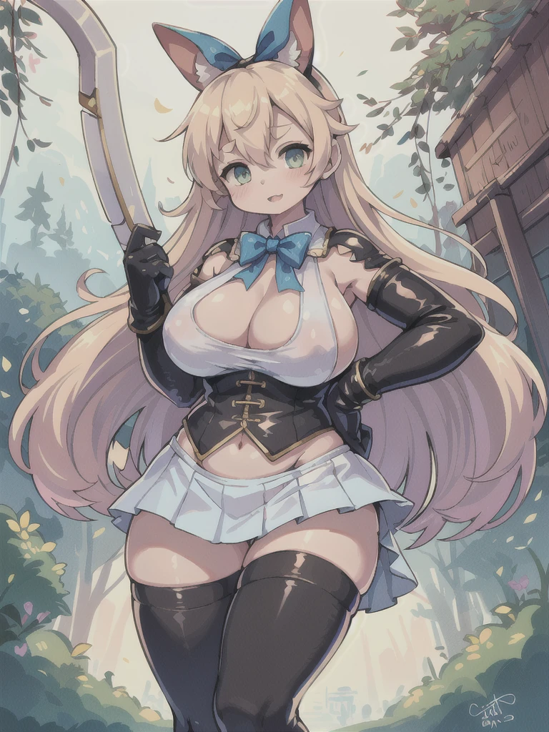 Highest quality, 8k, (One girl:1.3),(((Big Tits:1.1))), (Colorful illustrations:1.4), (masterpiece, Highest quality, Highest quality, Official Art), Very detailed, Most detailed, (Super detailed), ((Very delicate and beautiful)), ((Leather bib and mini skirt)), ((hunter)), ((Leather gloves)), ((Holding a bow and arrow))