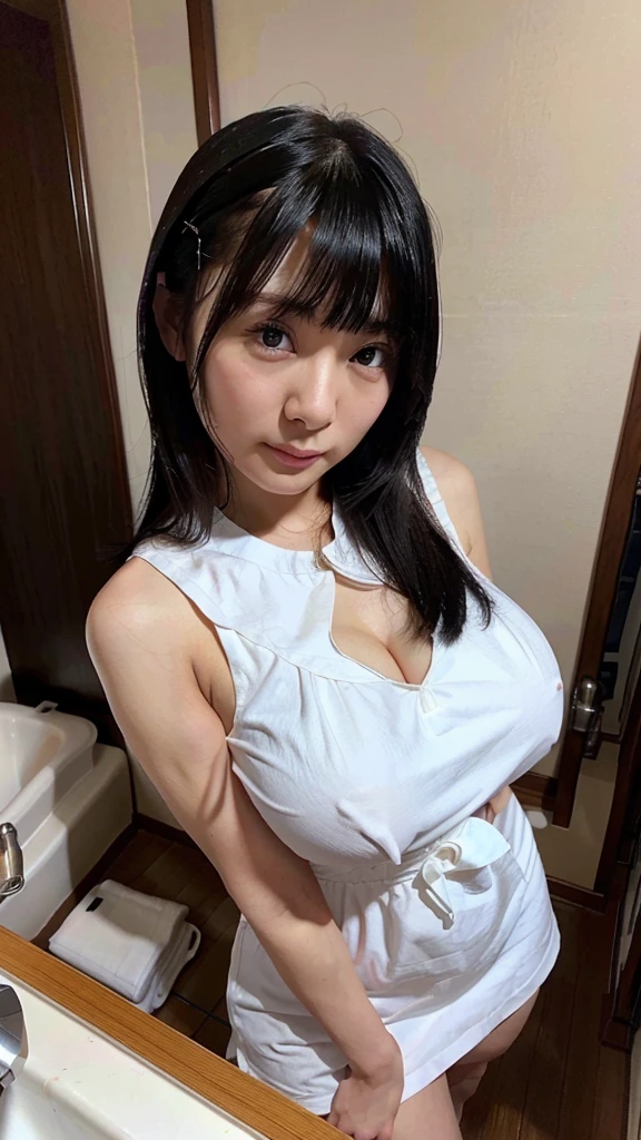 暗いnightの部屋、night、night中、8k,  Highest quality, Realistic, Very detailed、Simple room、Bathroom、Young and beautiful girl、Large Breasts、I can see the cleavage、Selfie、Chest-pushing pose、Selphy、Close-up of face、Close-up、Top view、Wearing a black Chinese dress