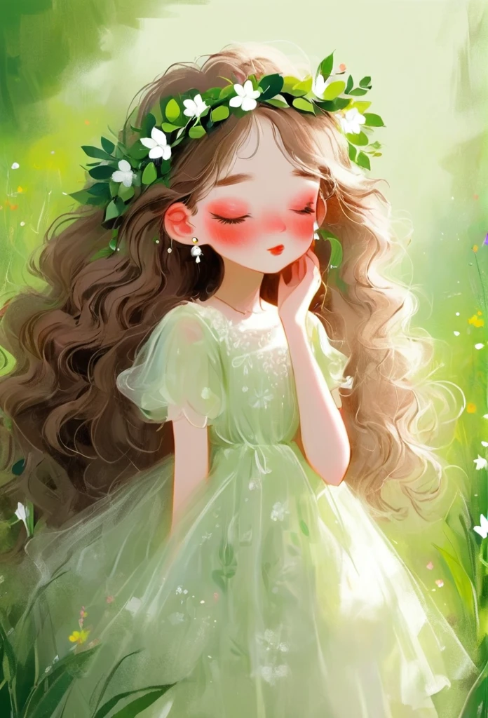Rough texture,Hand-drawn style:1girl,closed eyes,dress,earrings,flower,grass,green background,head wreath,jewelry,leaf,long hair,plant,solo,white dress