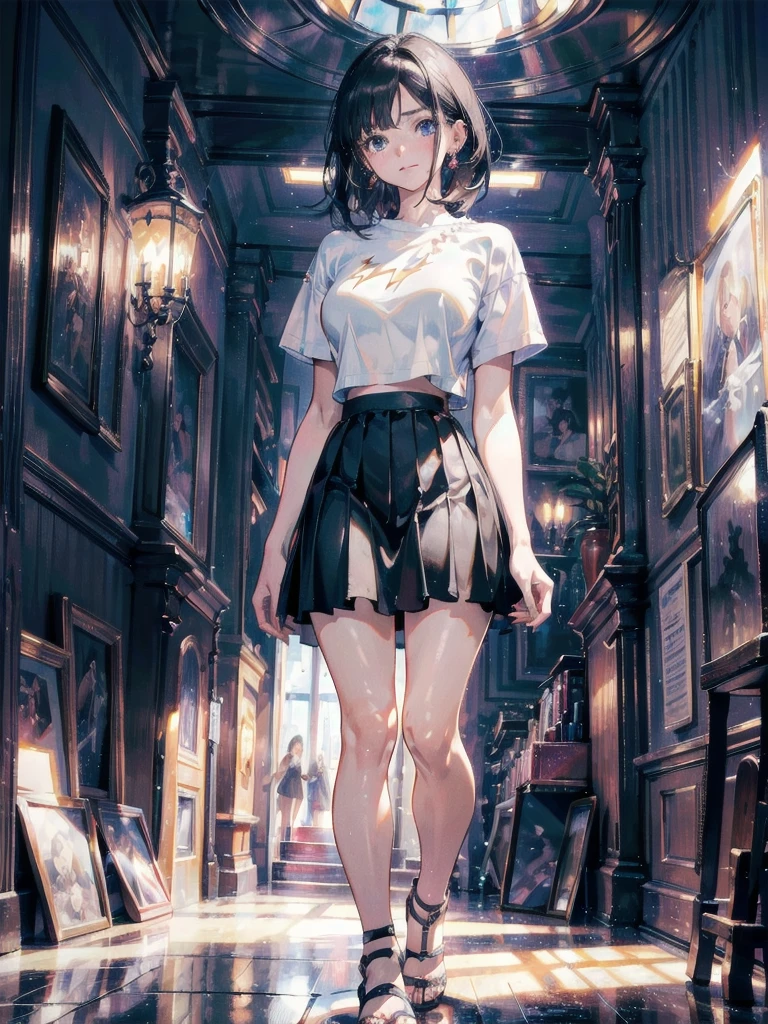 absurdres, RAW photo, extremely delicate and beautiful, masterpiece, Best Quality, ultra high resolution, 32k, hyperrealistic, ultra-detailed, perfect anatomy, super Detailed skin, perfect figure, Super Beauty, Perfect Style, Perfect balance, Beautiful Lighting, Perfect Lightning, Realistic Shadows, 20 years old, very Slim body, narrow waist, very small head, very small face, delicate facial features, handsome detailed woman, very detailed eyes and face, realistic face proportions, Realistic beautiful face, Realistic beautiful eyes, tearful mole, earring, very huge round breasts, legs, medium hair, whole body shot, indoor, tight skirt, cropped T-shirt,