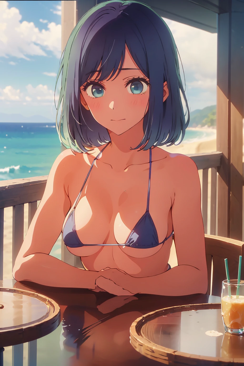 (Highest quality:1.4、masterpiece:1.4、Super detailed:1.4、8k:1.4)、((((1 person、Surprised expression、sit、Cafe Terrace、coastal、juice、table、Sandy Beach、juiceのグラスを持つ、Micro Bikini、Very soft 、Big eyes、Very cute face))))、(big Areolas protrude from micro bikini:1.4)、F cup bust、Medium breast、Underboob