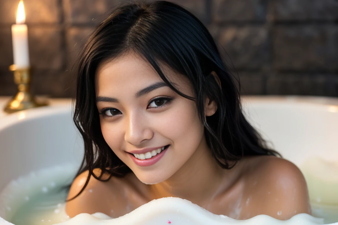 arafed naked woman with long black hair with deep blue highlights in a bath tub, flowing black hair, with black hair, photo of a beautiful woman, long flowing black hair, black golden hair, curly black hair, beautiful young asian woman, beautiful asian woman, wild ginger hair, black wispy hair, light black hair, a young asian woman, an asian woman, infp young woman, Portrait photo of a 24-year-old french girl in RAW UHD format (Brown-eyed woman), Details (textures! , Hair! , glistering, Color!! , imperfections: 1.1), DSLR Lighting, SLR camera, Ultra-Quality, sharpness, Film grain (bath tub), Fujifilm XT3, Crystal clear, Frame Center, beatiful face, ((sharp-focus)), bokeh (dimly lit),  detailed skin pores, oilly skin, suntan, Complex eye details,  ((smiling)), nsfw, (((covered by lots and lots of soap bubles))), one candle light, (((lots of soap)))