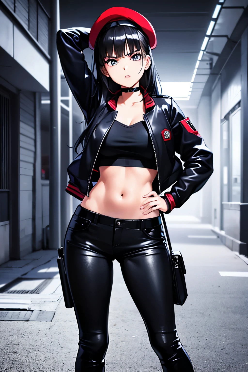 1girl, Rika Kawai, robber, beautiful detailed eyes, beautiful detailed lips, extremely detailed face and features, long eyelashes, black hair, red beret, black leather jacket, tight black pants, high-heeled boots, holding a gun, dark alley, neon lights, moody lighting, cinematic, dramatic, film noir, chiaroscuro, muted colors, gritty, hyper-realistic, award-winning photograph, 8k, photorealistic