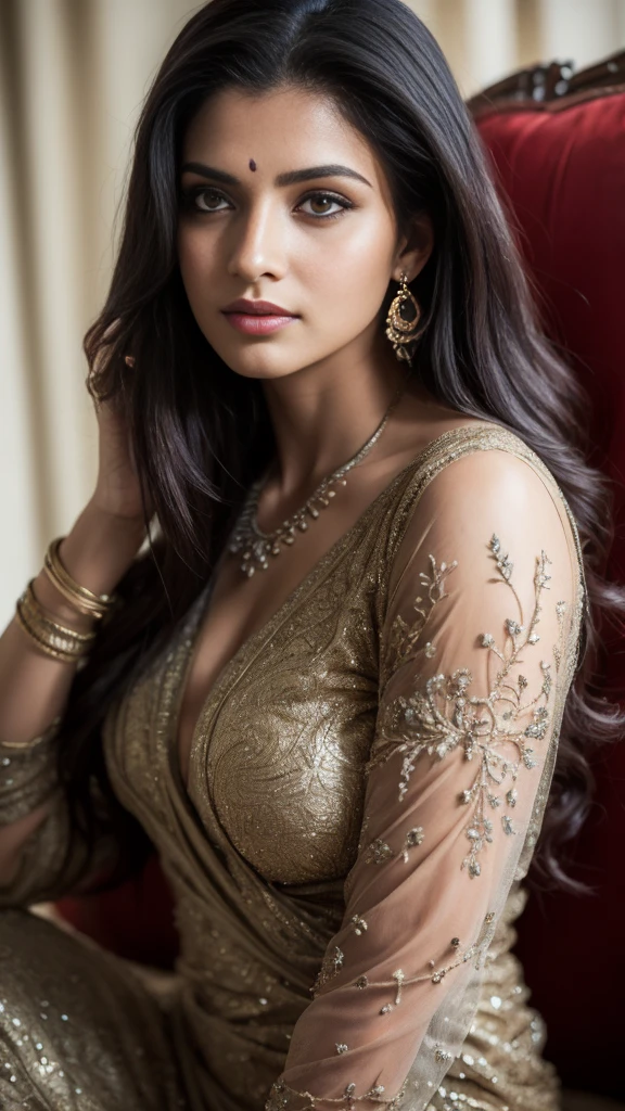 20 years old, Portrait of A confident-looking indian girl long flowing hair, (facing,90 degree to camera, looking at camera) hazel and brown big eyes, sitting on sofa, close up face, beautiful detailed nose, sexy detailed lips, (detailed skin texture), bokeh, perfect composition, hyperrealistic, super detailed, 8k, high quality, trending art, trending on artstation, sharp focus,  studio photo, intricate details, highly detailed, art by greg rutkowski, full face visible,