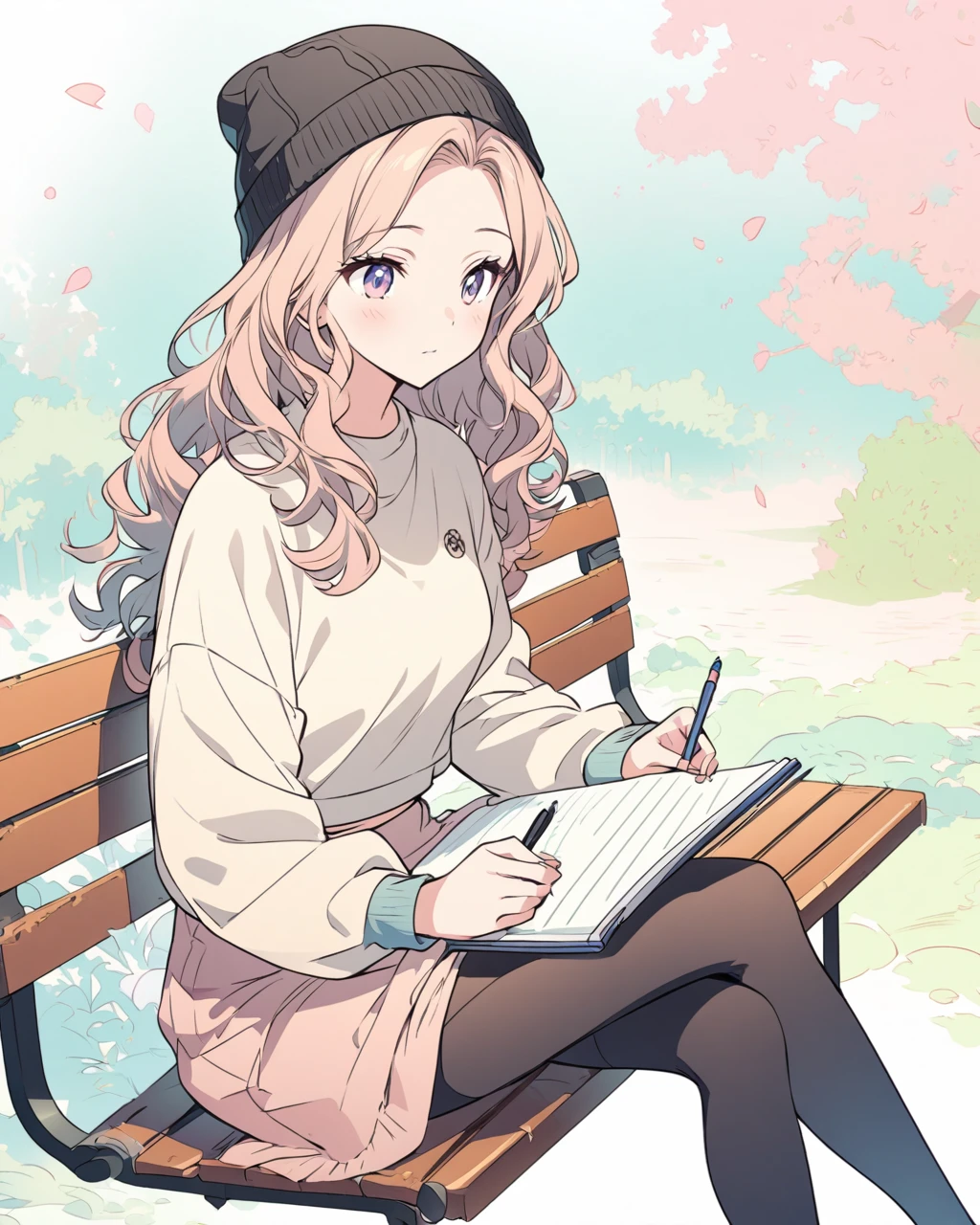 Create a detailed anime illustration of a young woman with long, wavy hair and a stylish, relaxed outfit, including a beanie, a cropped sweater, and leggings. She is sitting on a park bench, sketching in a notebook, with a focused expression. Use a soft, pastel background with elements of nature to enhance the peaceful and creative setting.