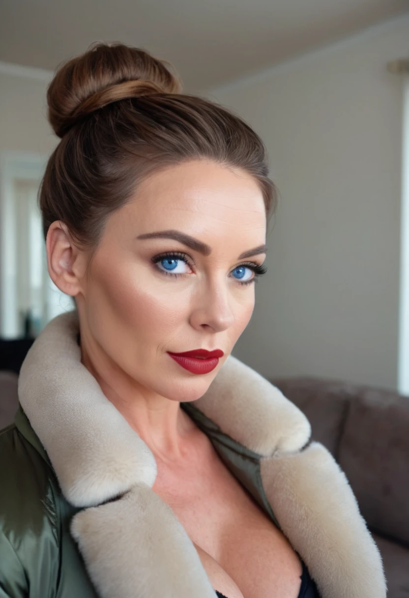 beautiful woman of 45 years old with blue eyes, brown hair, hair in bun with tendrils, looking directly at the camera, very realistic, , closeup face, at home, tight silk puffer coat, clothes tight against body, clothes too tight, film grain, fit muscular body, big breasts, focus on face, clothes too tight, seductive, lipstick, full body shot