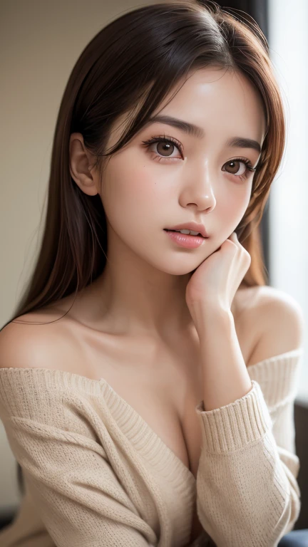 Tabletop, Highest quality, One Girl, (beautiful girl, Delicate girl:1.3), (23 years old:1.3), Definition of very fine particles, (Symmetrical eyes:1.3), night, ( Off the shoulder、Loose cardigan:1.2), Small breasts, Cleavage、Brown eyes, Show your forehead, Brown Hair, Upper teeth, (Eye and facial details:1.0), (RAW Photos, Film Grain, chromatic aberration), (Bokeh: 1.1),,thin