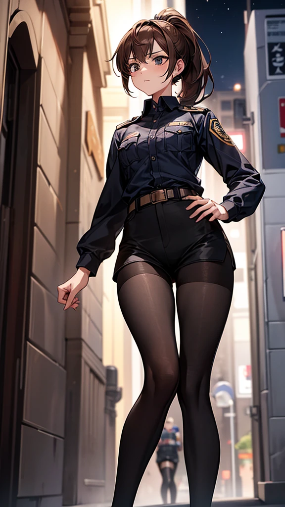 {{masterpiece}}, {{{best quality}}},{{ultra-detailed}}, {{illustration}},{{tall stature}},{{adult women}},((Black tights and shorts)),Small breasts,Slender,{{Hands on hips}},((Leggings with integrated shorts)), Female police officer on guard　Cowboy Shot　　　Look Up　A strong expression　Brown hair ponytail　Place your hands on your knees　1 female,alone,　Downtown at night　long sleeve police uniform　Black pantyhose　View from below　Black Belt