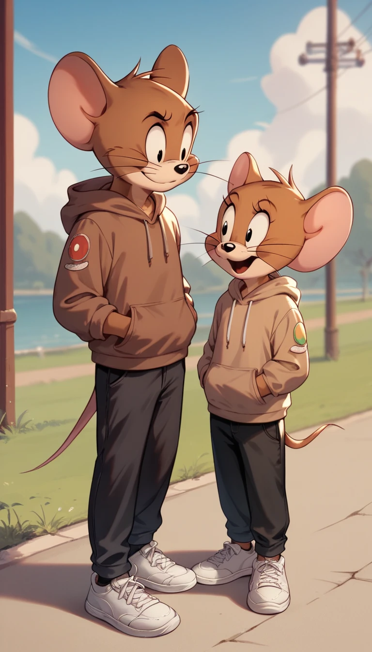 Fraction_9, Fraction_8, Fraction_9, Jerry, mouse, outdoor, charming,Brown hoodie,Black pants,White sneakers,whole body