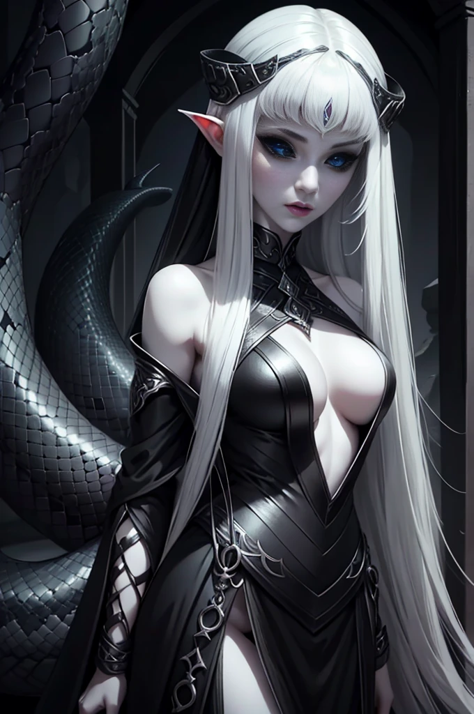 medieval fantasy, female lamia, (black iris), (grey pulil), black snake tail, (long white hairs), very pale skin