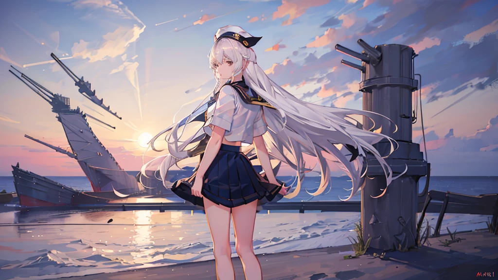 a white hair girl in a navy sailor uniform ((navy skirt:1.4)) blowing in the wind, beach, summer sky, daytime, lower body shot:1.4, back view:1.6,long shot, intricate details, detailed clothing folds and textures, sun rays, warm lighting, vibrant colors, golden hour, photorealistic, 8k, hyperdetailed, masterpiece, cinematic