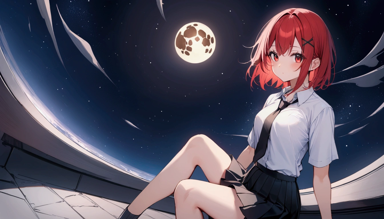 short hair, (Red hair:1.2), x Hair ornament, Red eyes,tie, girl,One person, Collared shirt, White shirt, Short sleeve, Pleated skirt, student, Highest quality, masterpiece, High resolution,universe、universe区間、Lunar Surface、full moon、Lunar Surfaceを歩く、Starry Sky