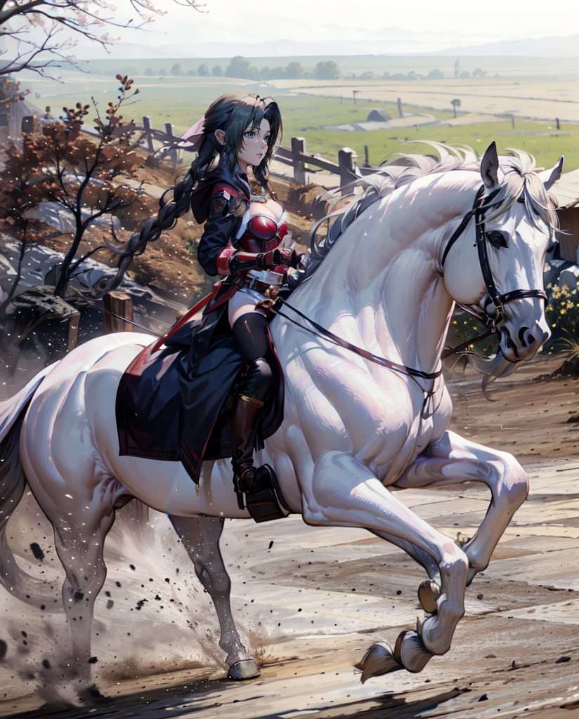 cleavage, medium breast, red armor, white gauntlet, pink miniskirt, brown boots