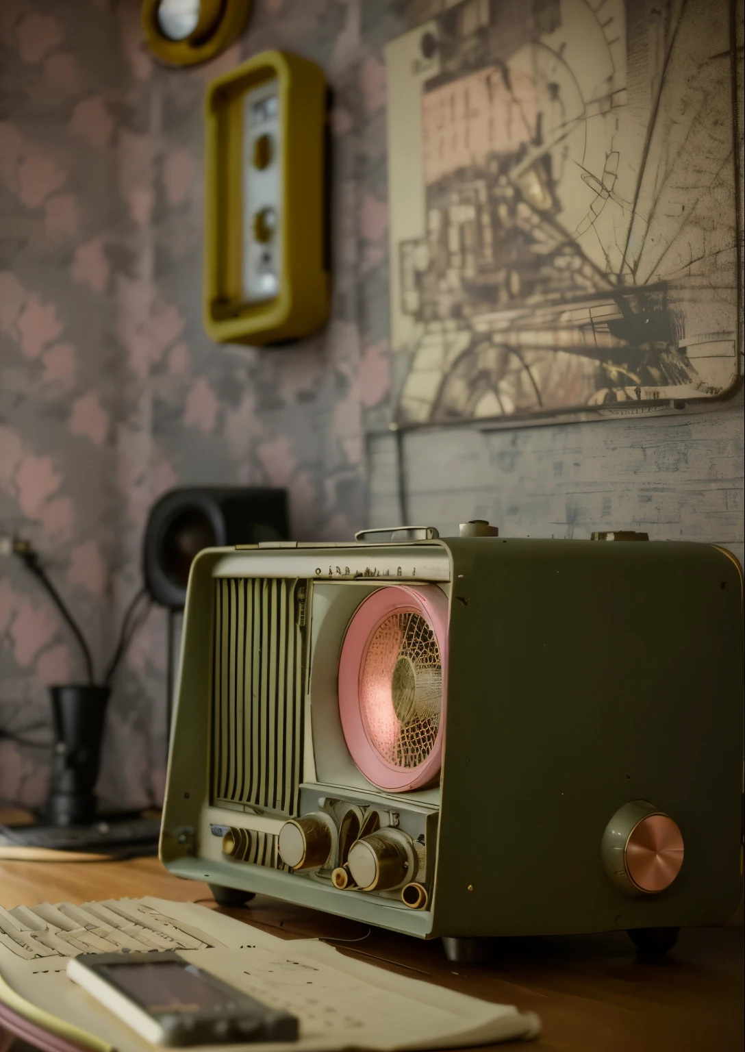 there is a pink radio sitting on a table in a room, nostalgic atmosphere, radio, vintage style, retro - vintage, retro stylised, nostalgic feeling, mixed art, radios, vintage theme, decorated with soviet motifs, retro atmosphere, old tv and radio hardware, television still, an old tv, advertising photo, retro vibe, retro tv, vintage vibe