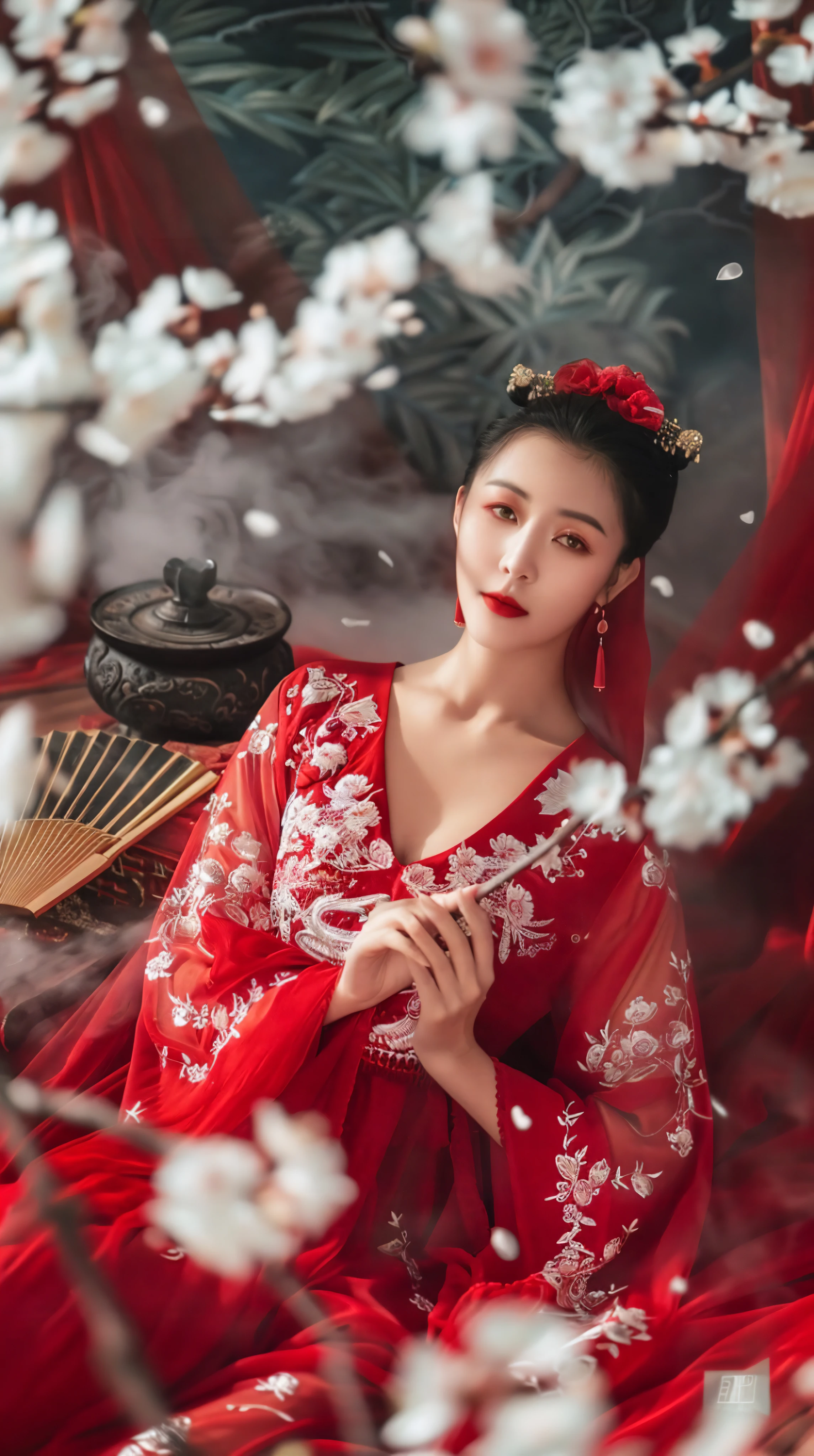 古风美人，红衣飘飘，梅花环绕