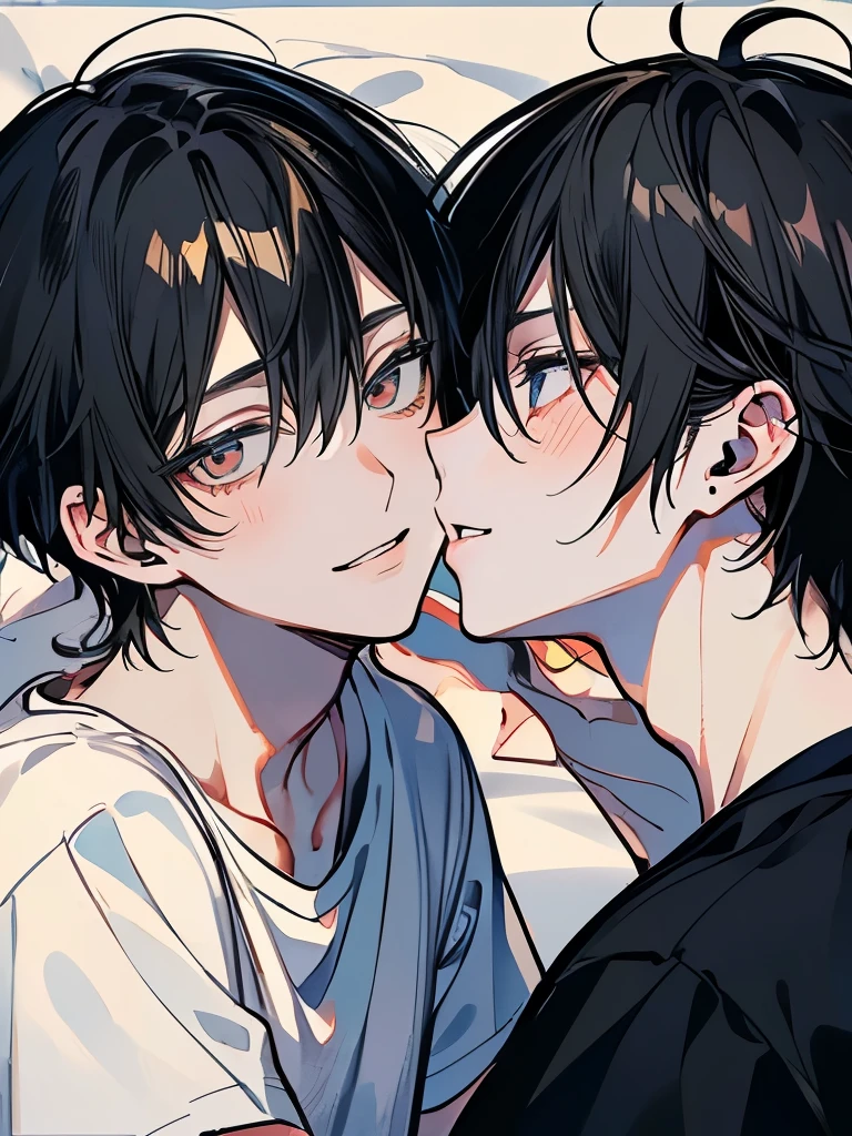 (Mastepiece), (Best Quality), Very detailed, ((Two men kissing on the cheek)), Perfect Face, (Happy Face:1.3)、Beautiful Face, Very detailed顔，(One black-haired man:1.3)，(One white-haired man:1.3)，T-Shirts、smile、bed