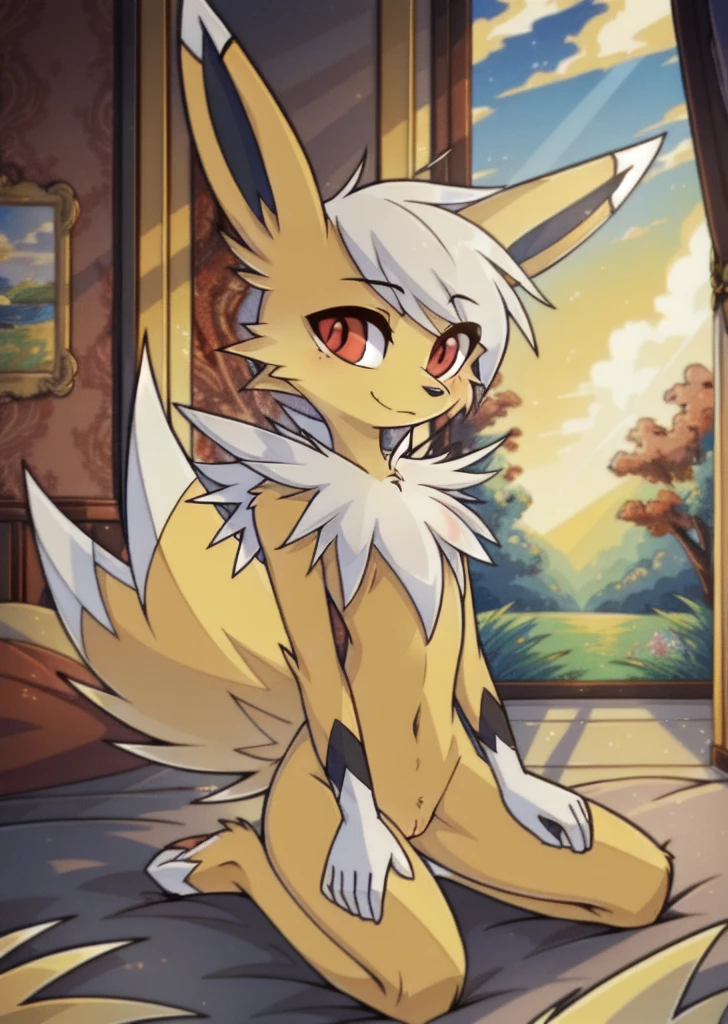 (Masterpiece, Best Quality, Highres:1.4), (anthro) Detailed, Intricate Details, 4K, (Pokémon), (jolteon), (furry) extremely detailed fur, red eyes, best quality, hair. style hair, tail, (2 ears), good anatomy, looking at the viewer,naked,pussy exposed