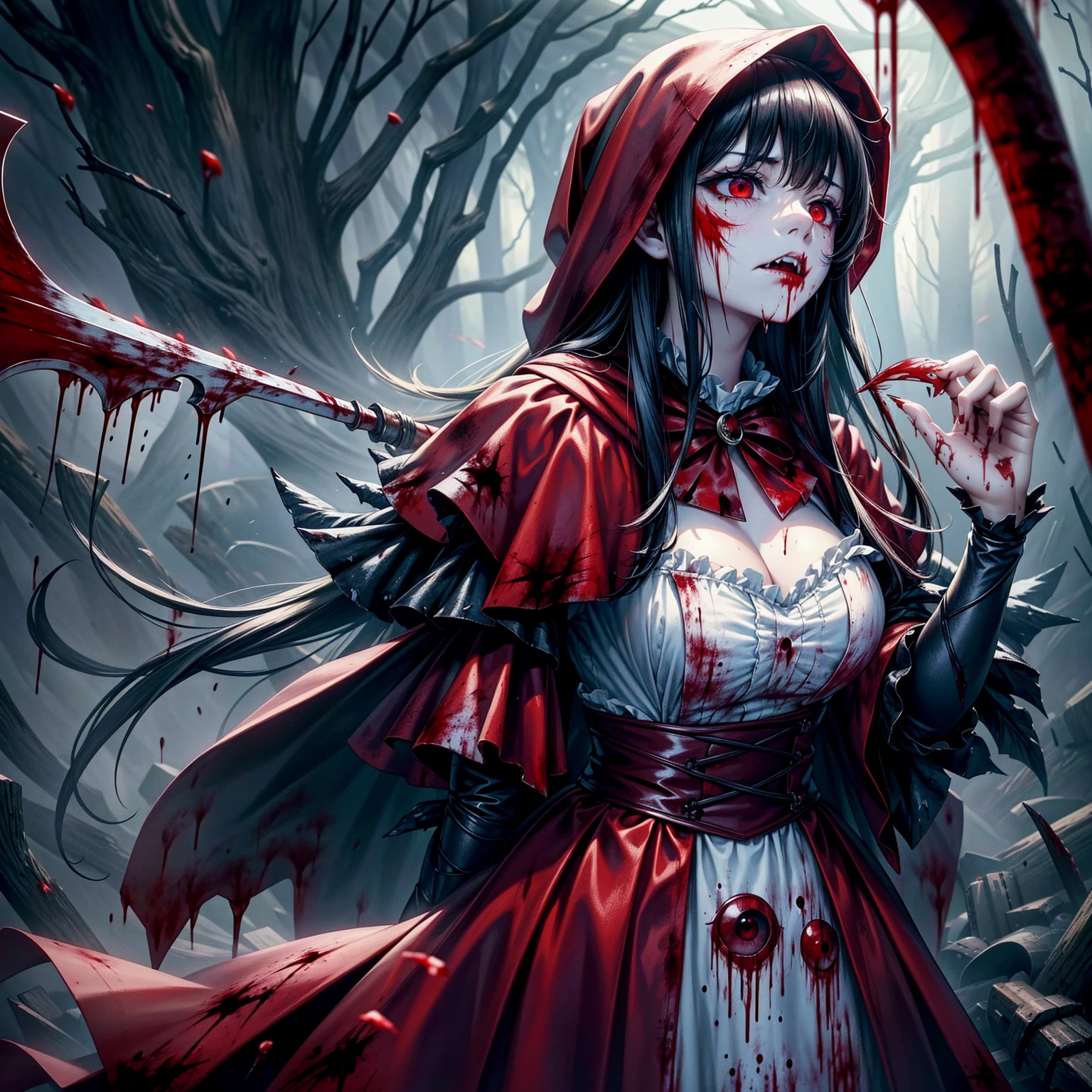 (8k, RAW Photos, Highest quality, masterpiece:1.2),(Realistic, photo-Realistic),Photo Background,Face-only photo,Draw only the face,Look up,Face shot,Scythe Face,Girl Monster, slave,beautiful, Detailed portrait, Delicate facial features, Sharp Eye, Sharp Fangs, Pale skin, Thick chain, Dark Background, Cinema Lighting, Dramatic Shadows, Gothic style, Gloomy atmosphere, Dark fantasy, One Girl, , Please open your mouth wide, Open your mouth and baring your teeth,Sharp teeth like a beast, Wide lips, very wide mouth, Vermilion cheeks, ,(Blood splatter:1.6),Scary face, Laughter Witch design, Twisted smile、Bloodstained、bleeding from the head,,、Blood splatter、,(Blood splatter:1.6),Crossbones, skull, , Horror Style,Dark fantasy,Red color scheme,Soft lighting,Emotional,Enchanted Forest,Ominous atmosphere,Eye-catching,Storytelling,anatomy,Anime Style,Concept Art,beautiful細部までこだわった顔と (((Red eyes ))),Flowing Hair,emotional expression,Jewelry crafted with attention to detail,A cape with an intricate pattern,Strong gaze,Feathered Cape,Subtle Shadows,Dynamic pose,Great composition,Mysterious Background,Natural elements,Moonlit Night,wood々The wind blowing between,Eerie presence,Reveal personality strengths and weaknesses,A striking contrast between the red cape and its surroundings,Fascinating story,Rich texture,Depth and Dimension,Highlight the charm and resilience of your characters. (((little red riding hood))), (Blood splatter:1.5)