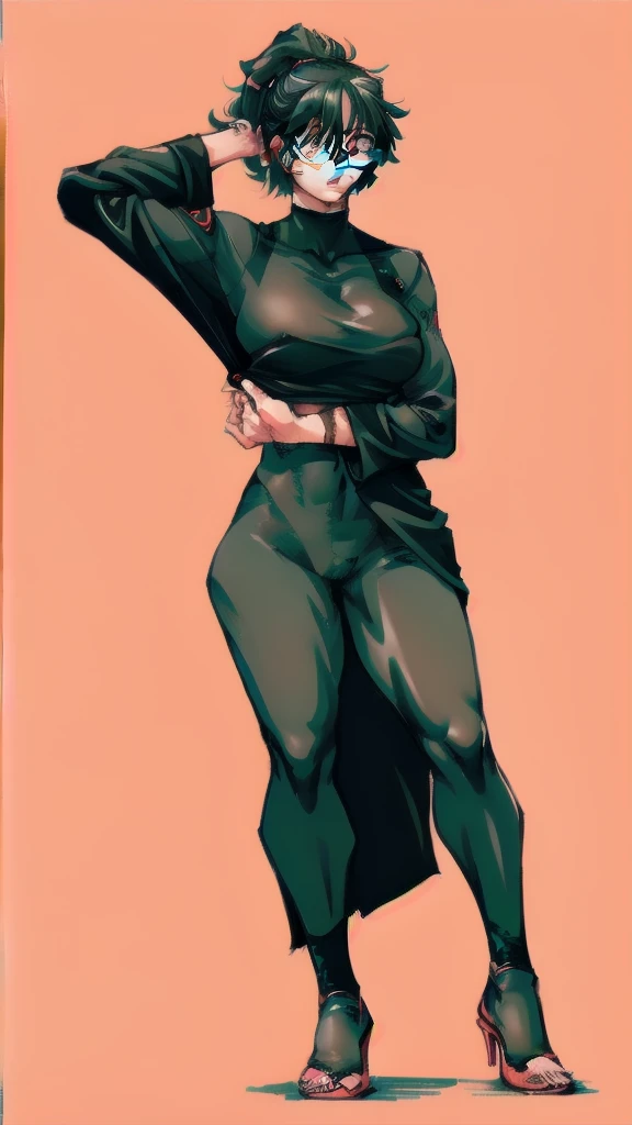 Full body image of Maki Zenin from Jujutsu Kaisen after the Zenin clan incident, full body in image, wearing her post-clan outfit (dark green jacket with sleeves torn off, harem pants, and black shoes, with glasses), long hair tied in a ponytail, female body, athletic and muscular body, visible scars on her face and arms, dynamic pose, detailed pose, simple background, expressive face showing determination, focus on face, line art, sketch