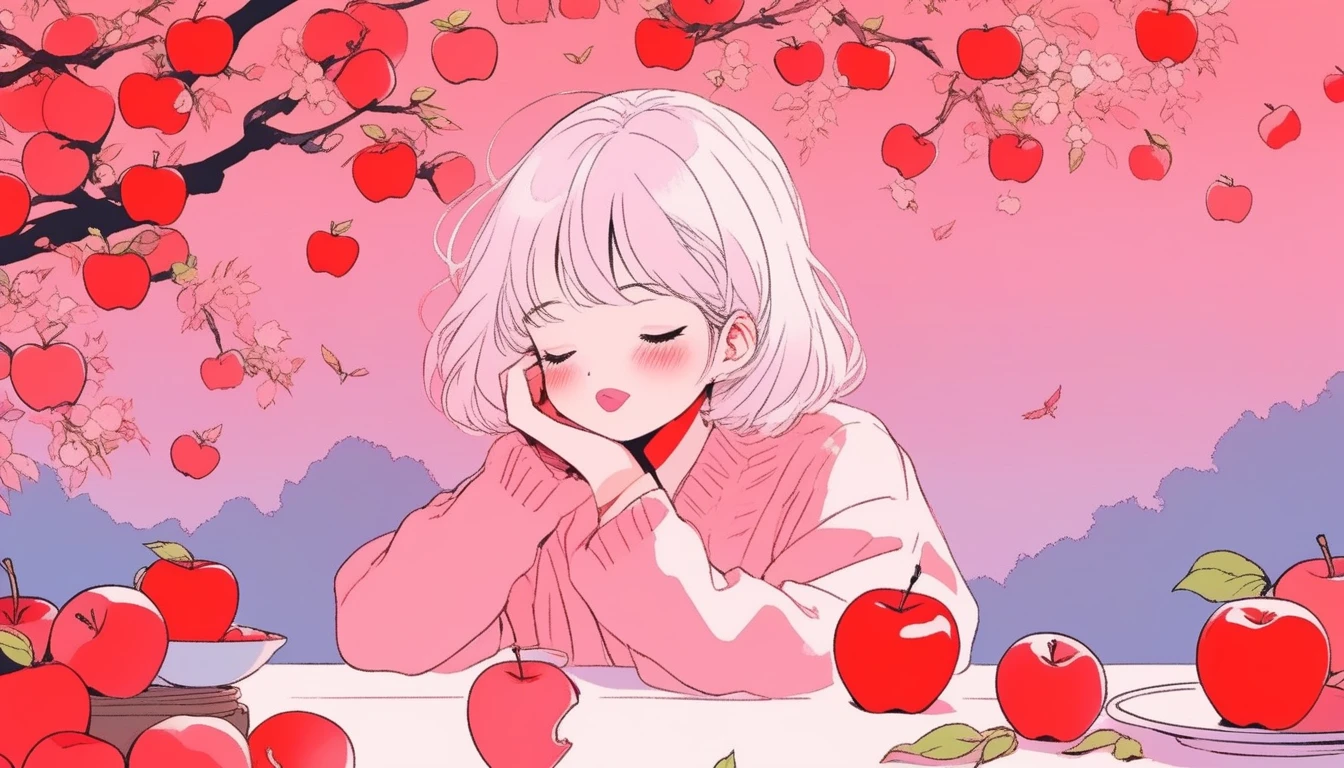 ilustrador, Japanese cartoons , Practical ,sketch , 1 Girl, Close your eyes,Enjoy the sunshine, lips, Order, Pink gradient background, There are many apples on the apple tree next to it,Neon hair,Texture cropping, Canada, (On the table,best quality)