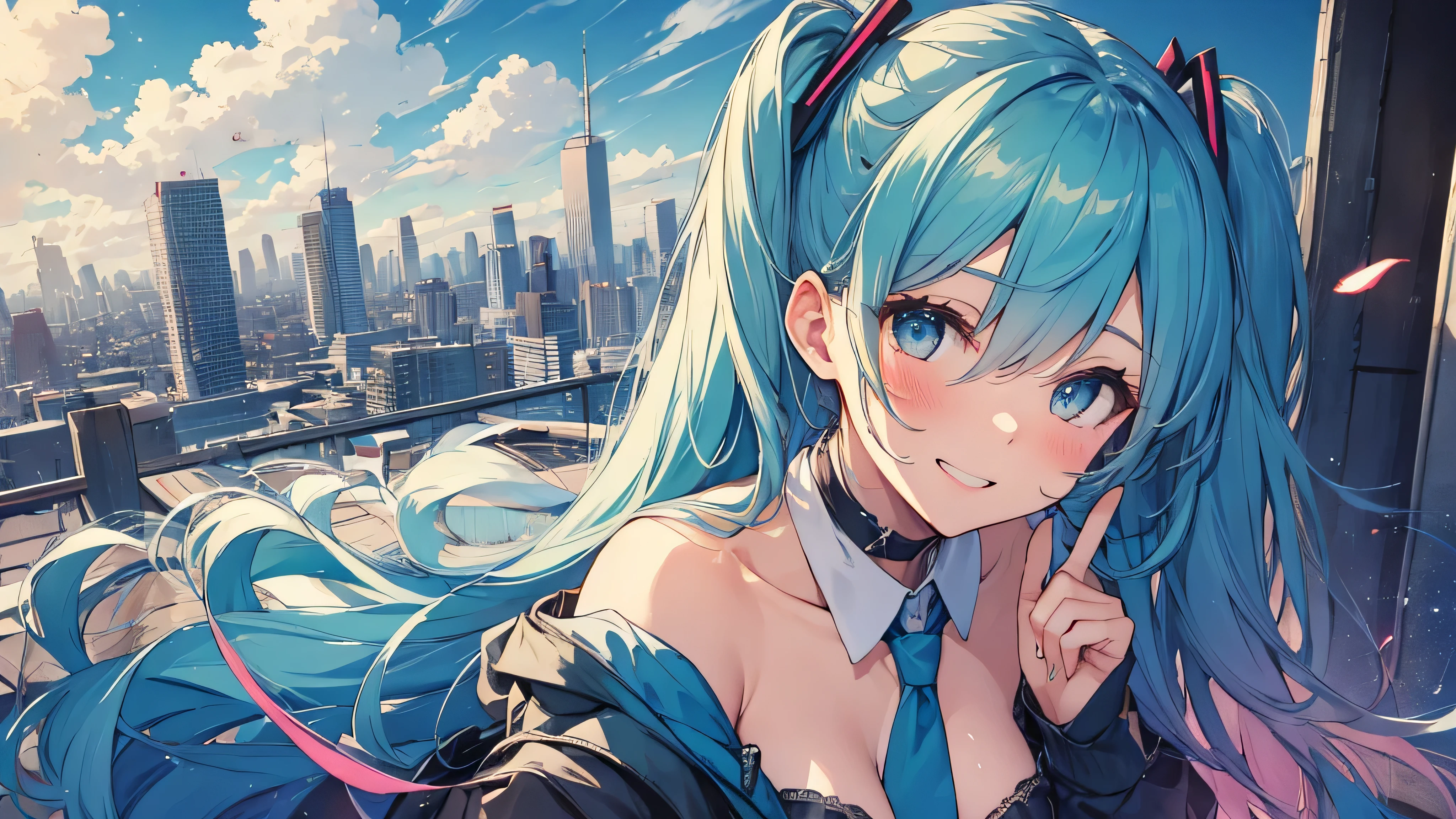 soles, masterpiece, Hatsune Miku, 1 person, solo, hair inhalation, face up, blue sky, glow white particle, (sidelighting:1.2), sun rise , pink cloud, detailed clouds, slender, topless, Lovely small exposed breasts, beautiful nipple, super cute smile with teeth, red cheek, blushing, naughty face, beautiful green hair, magic light, deep shiny blue eyes, cute naughty girly pause, Draw your breasts inward and push them up, exposed breasts, cute nipple, choker, green tie, blue skirt , white belt, black long grove, put on pink and blue head gear, on the roof of building, super detailed beautiful city view background, wide shot, give wink, giving peace sign, singer