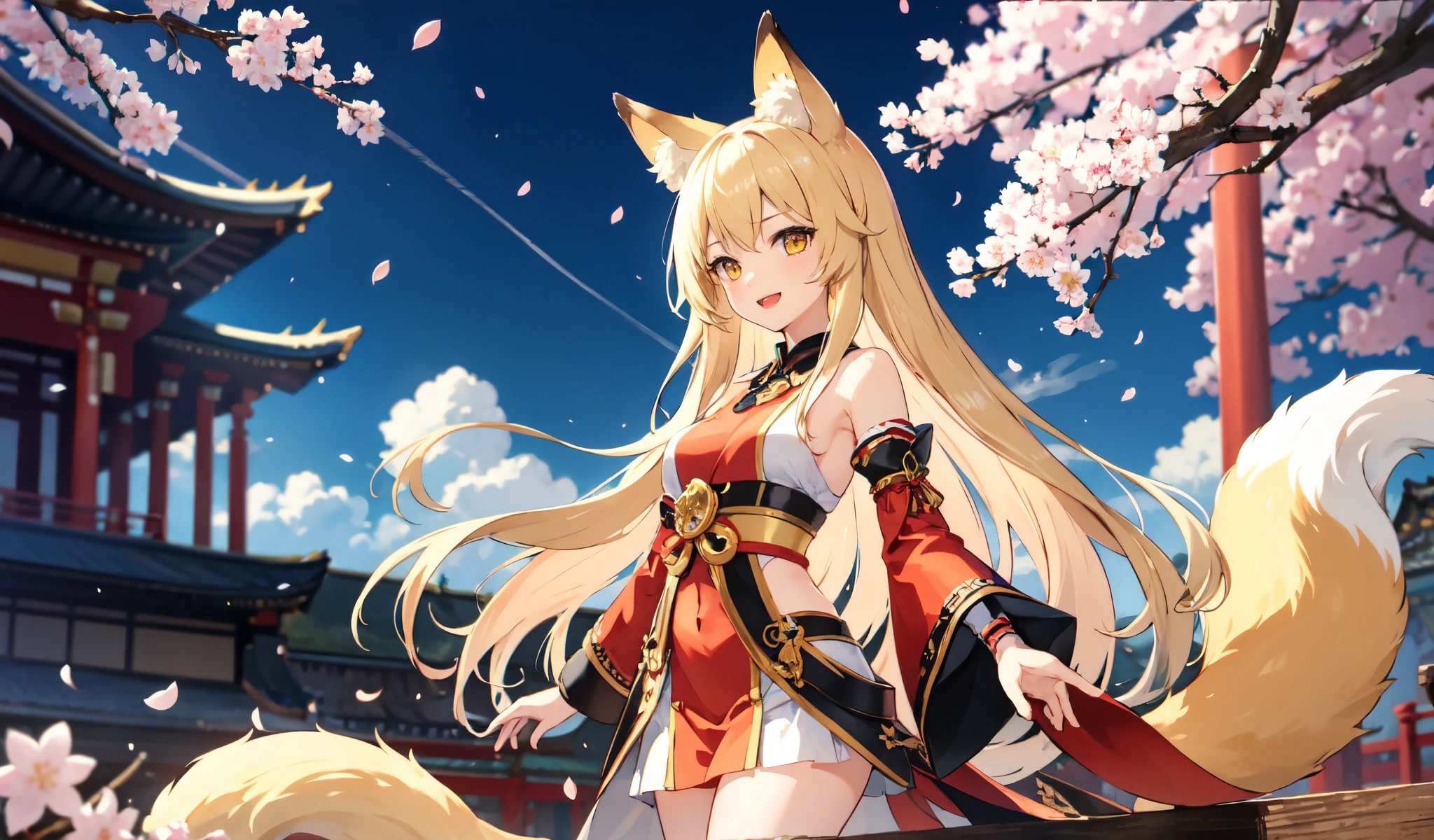 masterpiece, Highest quality, One girl, Yellow Eyes, Medium Hair, stage, cherry blossoms, Temple, Fox Girl, Removable sleeves, Animal ears, Happy, Put your arms behind your back,