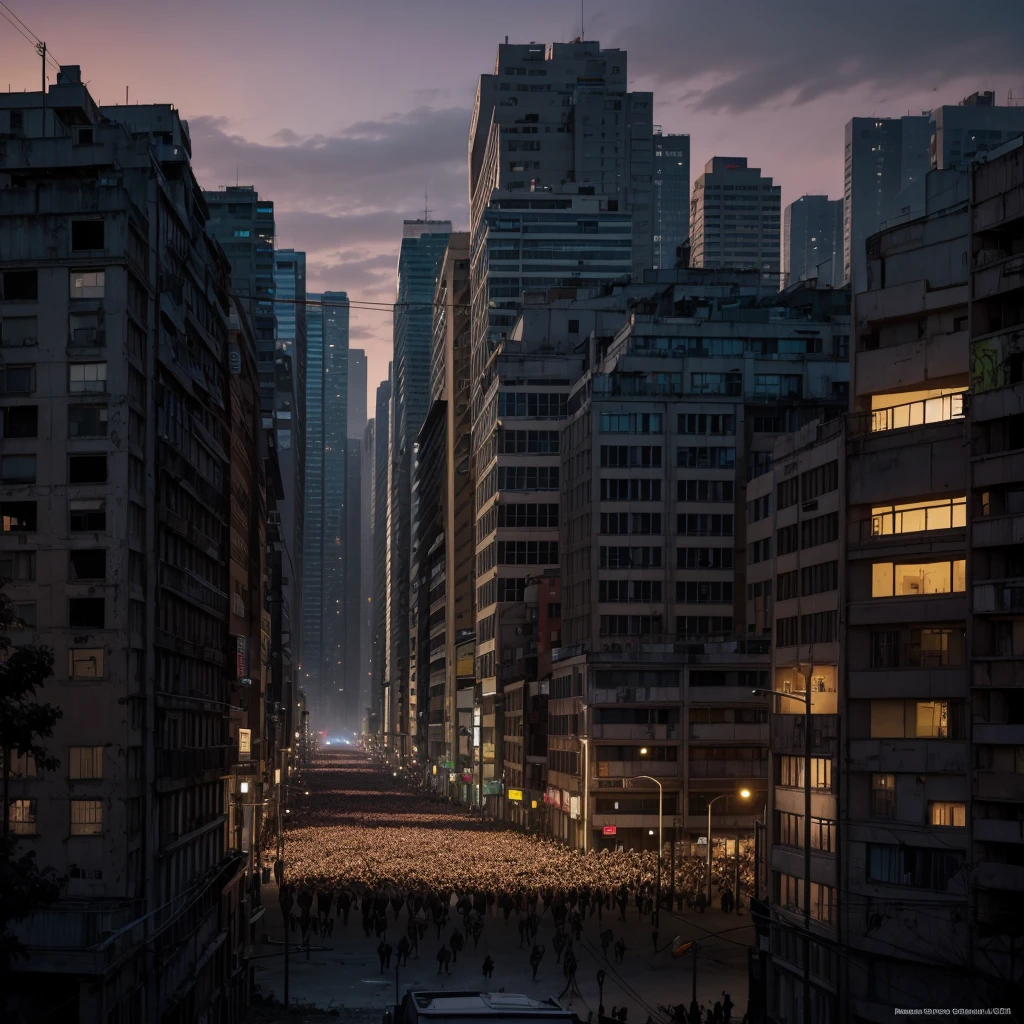 Panoramic image of a city under attack by a border of zombies, during at night, joe mature style, Line art, colorfully