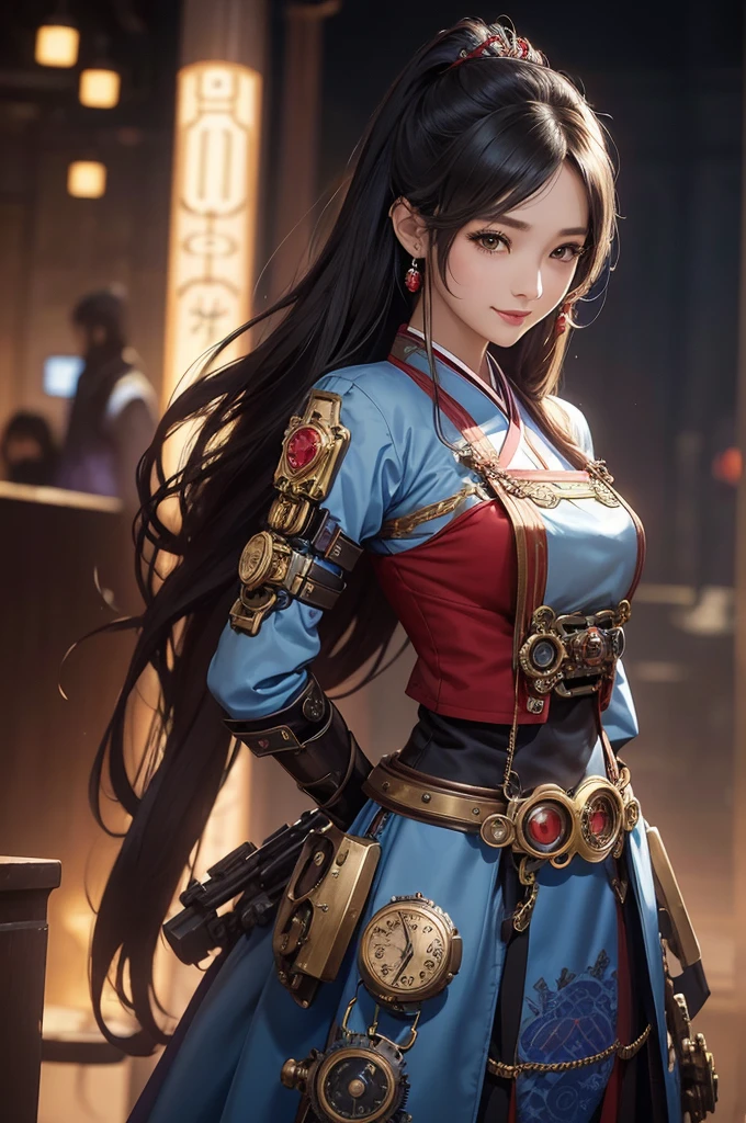 Woman portrait、Highest quality、Rear view、8k,Detailed face, clear, Fine skin、Clear, beautiful eyes、whole body、whole body、Curly Hair、My hair was messed up by the wind、The beauty of a smile、(Glamorous Muscle、tall),(Hip_superior, Hip superior), Mature Woman,( Watching the audience),Realistic, High resolution, Soft Light,1 female, alone, Hipアップ, Glowing Skin, (Detailed face), Sexy smile, Perfect Style, Perfect balance,Black hair,Long Hair,Naughty look,((Steampunk gorgeous hanbok、Geometric pattern)), (Red and white mechs, High-tech Mecha,Beautiful steampunk cyborg woman,Steampunk Mecha Cyborg Girl,Blue steampunk light red and white hanbok、Geometric pattern,silver dress shirt,High leg,Steampunk bodystocking,Gorgeous decorated gold belt,Steampunk bodystocking,elbow gloves),((arms behind back)),(bokeh),(studio lighting)
