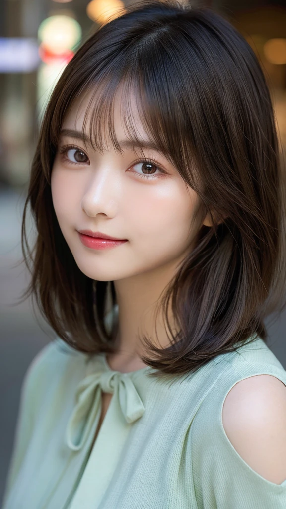 Highest Quality: 1.5), (Real: 1.5), (1 Person: 1.5), Highly Detailed, Fine, High Resolution, 8K Wallpaper, Perfect Dynamic Composition, Small Breasts, Natural Color Lips, Cute Smile, Japanese Woman, 17 Year Old Girl, Beautiful and Exquisite Face, Perfect and Beautiful Face, Beautiful and Exquisite, Big Eyes, Brunette Eyes, Beautiful and Exquisite Face, Perfect and Beautiful Double Eyelids, Natural Bangs, Beautiful and Thin Nose, Beautiful Skin, Black Natural Hair, Long Hair, Natural Bangs, Perfect and Beautiful Face, Slim Face and Figure, (Looking at the Camera), Bright Lighting, Professional Lighting, Shoulder-Length Layers, Asymmetrical Bangs, Japanese Idol, Sophisticated, Stylish, Blouse, Shibuya Ward, Waist-to-Waist Angle、（腰までのアングル:1.3）