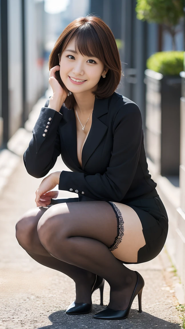 masutepiece, Best Quality, Photorealsitic, finely detail, hight resolution,beautiful japanese woman,beautiful detailed eyes, beautiful detailed lips, extremely detailed face, small head, small areola, cinematic lighting, photorealistic, 8k, high quality, hyper detailed, look at me,smile,(dress shirt),(pencil skirt),(short hair:1.2),(random location),(medium breasts:1.2),(inoueseika),slender,beautifull legs,(cleavage:1.3),(sexy posing),mini skirt, (bokeh:1.3) (black pantyhose:1.2),(office lady:1.4),( squatting:1.3)