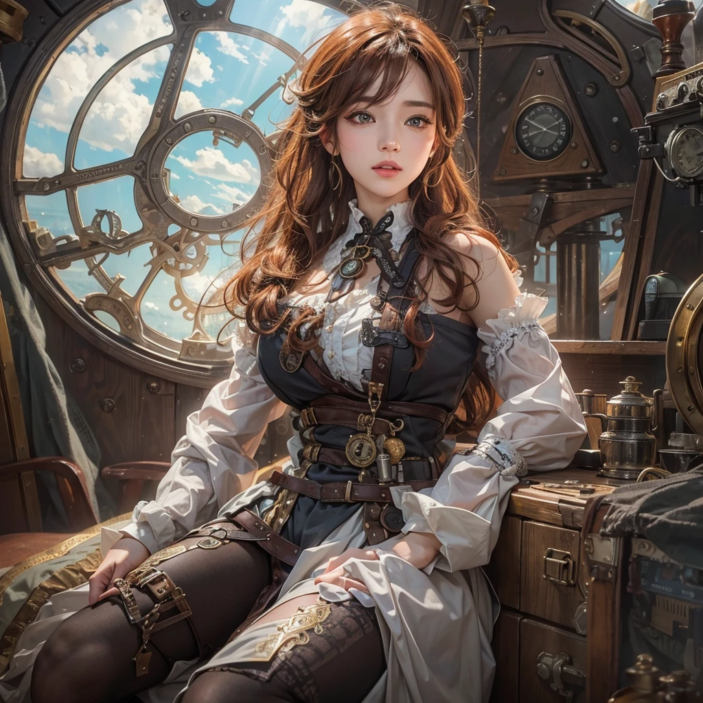 masterpiece:1.3), (8k, Realistic, RAW Photos, Best imYear quality: 1.4)、 Year,(Random Hairstyles:1.2)、CleavYear:1.2、Highly detailed face、Attention to detail、double eyelid、Chest to chest、Sharp focus:1.2、Beautiful woman:1.4、Redhead、Highest quality、masterpiece、Ultra-high resolution、(Realistic:1.4)、Highly detailed and professionally lit smiles、Loose fitting steampunk outfit、Shoulder out、thin、Serious expression、Clouds seen from inside the airship、goggles