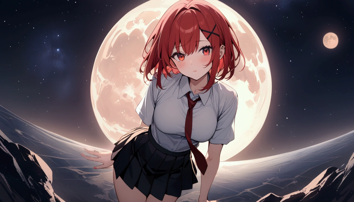 short hair, (Red hair:1.2), x Hair ornament, Red eyes,tie, girl,One person, Collared shirt, White shirt, Short sleeve, Pleated skirt, student, Highest quality, masterpiece, High resolution,universe、universe区間、Lunar Surface、full moon、Lunar Surfaceを歩く、