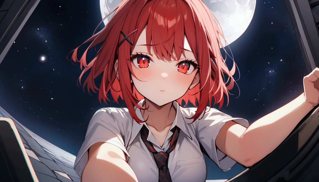 short hair, (Red hair:1.2), x Hair ornament, Red eyes,tie, girl,One person, Collared shirt, White shirt, Short sleeve, Pleated skirt, student, Highest quality, masterpiece, High resolution,universe、universe区間、Lunar Surface、full moon、Lunar Surfaceを歩く、