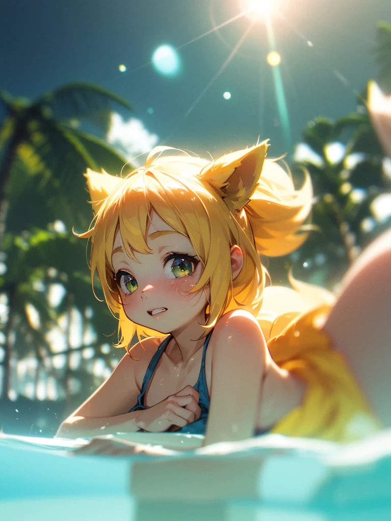 (Sumilux f1.4 24mm , low Latitude old color negative film , cross process , bokeh, flare, chromatic aberration , soft focus, (Shallow focus) , soft glow , Maximum aperture, High Key , Transparent depiction) , dynamic wide angle , fox , female , butter face, saggy melons , swimwear , in the sunny pool side
