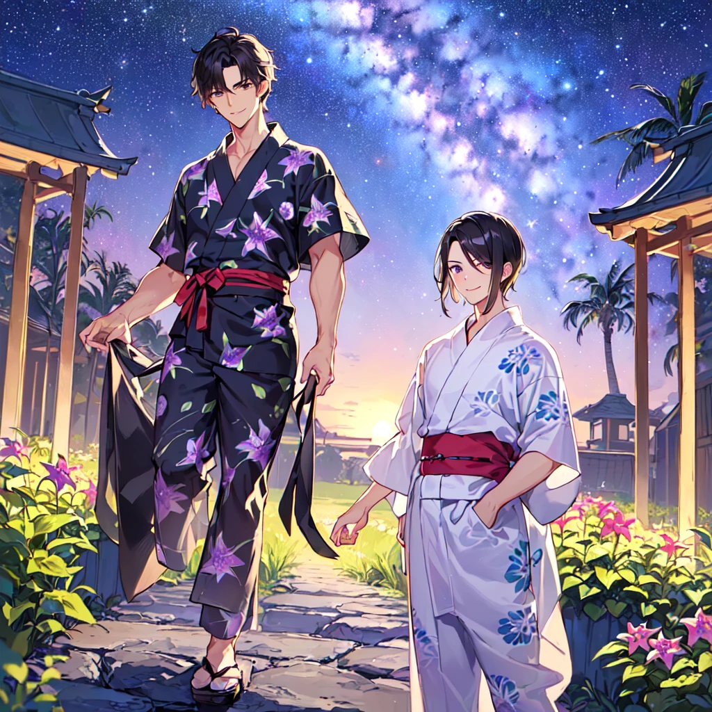 masterpiece,best quality,high quality,(1 male austere handsome solo adult age 30 years old:1.5), purple eyes, cool with suspended eyes, V-shaped eyebrows, body strong and fearless 8.5 head tall, height 185cm, (well-groomed black hair short to neck:1.4), (bangs 7 thirds parted: 1.4), slender nose, facial muscles, throat, (Passiflora caerulea print summer yukata short sleeves and pants: 1.3), (stylish pose), (cool smile: 1.3), (background Passiflora caerulea garden: 1.3), (Milky Way Night Sky: 1.3)