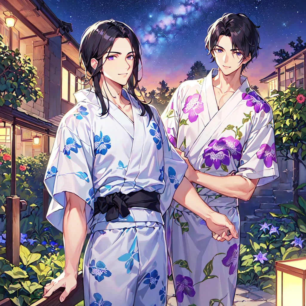 masterpiece,best quality,high quality,(1 male austere handsome solo adult age 30 years old:1.5), purple eyes, cool with suspended eyes, V-shaped eyebrows, body strong and fearless 8.5 head tall, height 185cm, (well-groomed black hair short to neck:1.4), (bangs 7 thirds parted: 1.4), slender nose, facial muscles, throat, (Passiflora caerulea print summer yukata short sleeves and pants: 1.3), (stylish pose), (cool smile: 1.3), (background Passiflora caerulea garden: 1.3), (Milky Way Night Sky: 1.3)
