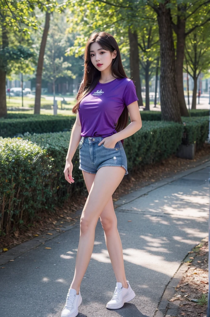A very cute girl, solo, young, wearing purple tank top and short pants, big breasts, white and smooth skin, standing, long hairs, red lip, at forest realistic face, full body, blue shoes