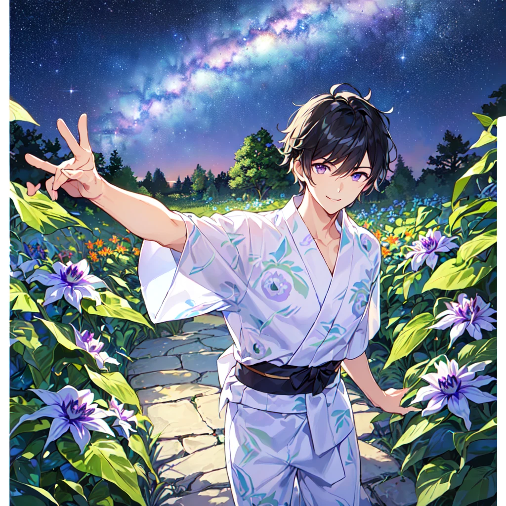 masterpiece,best quality,high quality,(1 male austere handsome solo adult age 30 years old:1.5), purple eyes, cool with suspended eyes, V-shaped eyebrows, body strong and fearless 8.5 head tall, height 185cm, (well-groomed black hair short to neck:1.4), (bangs 7 thirds parted: 1.4), slender nose, facial muscles, throat, (Passiflora caerulea print summer yukata short sleeves and pants: 1.3), (stylish pose), (cool smile: 1.3), (background Passiflora caerulea garden: 1.3), (Milky Way Night Sky: 1.3)