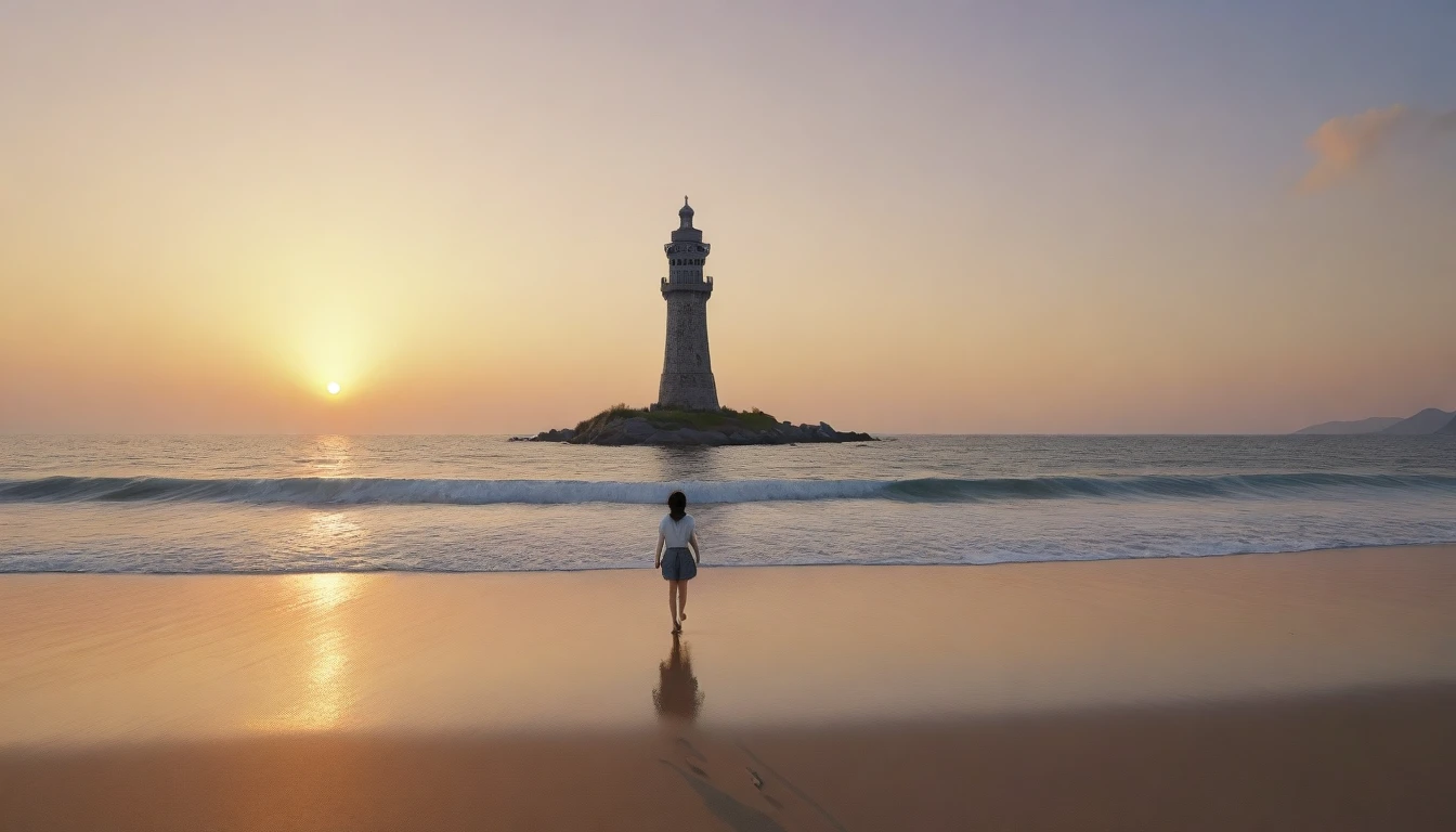 8k realistic, lifelike photo, Realistic appearance of nature, 36 year old Korean woman, Short in stature, front view, tower, shorts, short medium hair, Woman walking along the beach at sunset. Full body shot from afar with a wide angle lens , burning sunset light, 1 woman, Short in stature, looking at the camera