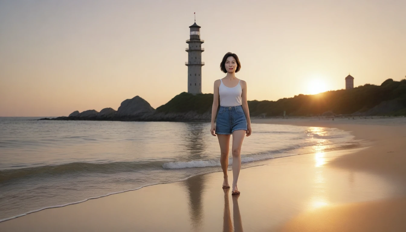 8k realistic, lifelike photo, realistic, long deserted beach, 36 year old Korean woman, Short in stature, front view, tower, shorts, short medium hair, Woman walking along the beach at sunset. Full body shot from afar with a wide angle lens , burning sunset light, 1 woman, Short in stature, looking at the camera