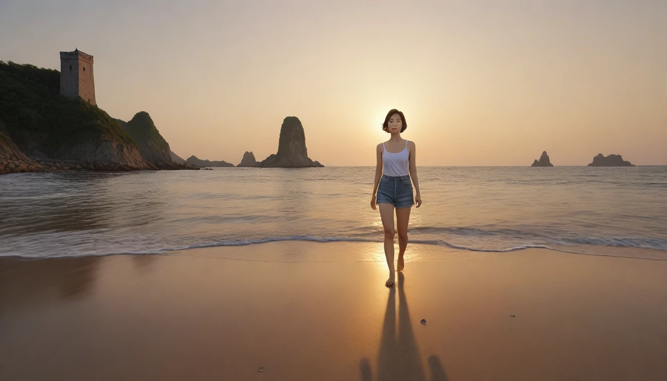 8k realistic, lifelike photo, Realistic appearance of nature, 36 year old Korean woman,  Short in stature, front view, tower,  shorts, short medium hair, Woman walking along the beach at sunset. Full body shot from afar with a wide angle lens ,  burning sunset light, 1 woman, Short in stature, looking at the camera