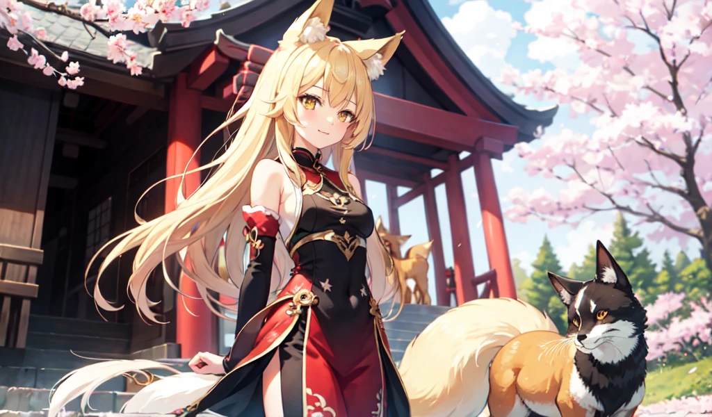 masterpiece, Highest quality, One girl, Yellow Eyes, Medium Hair, stage, cherry blossoms, Temple, Fox Girl, Removable sleeves, Animal ears, Happy, Put your arms behind your back,