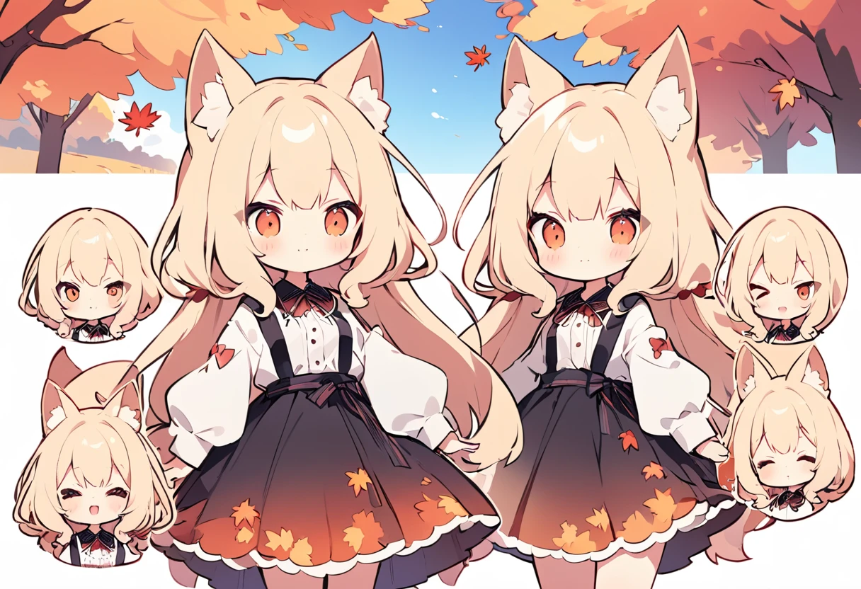 Anime, two heads, cute fox girl, autumn, multiple poses and expressions, different angles, character sheet, fashionable clothes, illustration, white background,