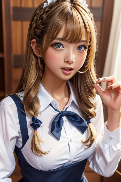 one girl, (((Open your mouth)))、Maid、Place an open hand over your mouth、Beautiful breasts、 Brown eyes, ((Gal Hairstyles)) blonde, girl, (Eye and facial details:1.0), break, (masterpiece, Highest quality, Very detailed, Detailed face, 8k)