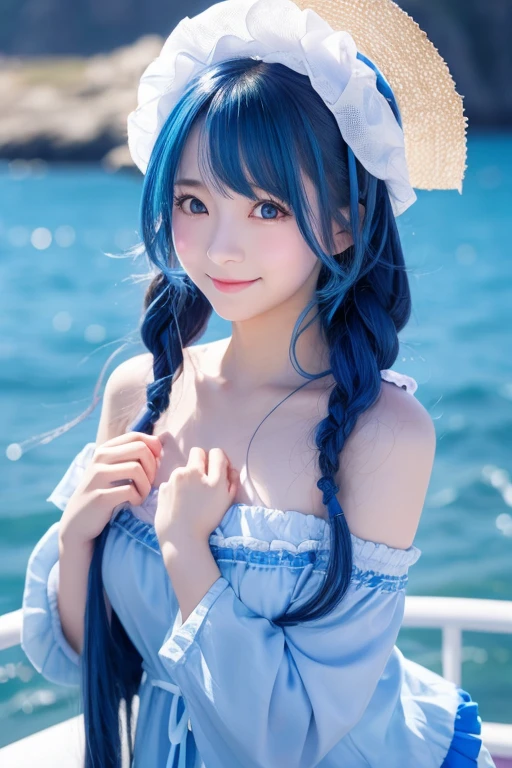 Anime character girl。Long hair with one curl。The color is a blue gradient。A slightly embarrassed smile。Somehow sexy。Big eyes。Lips are thick。The background is the sea。